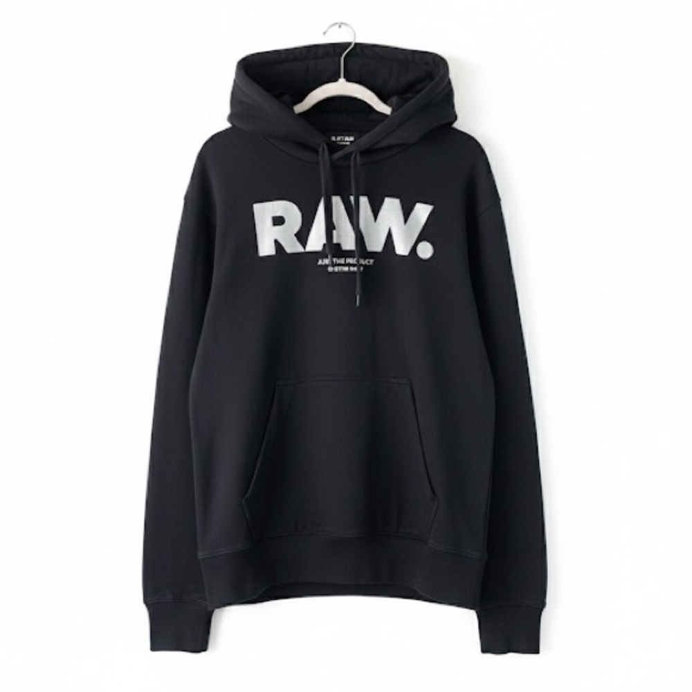G-Star RAW Black Pullover Hoodie Metallic Silver Logo Men's XL Sustainable